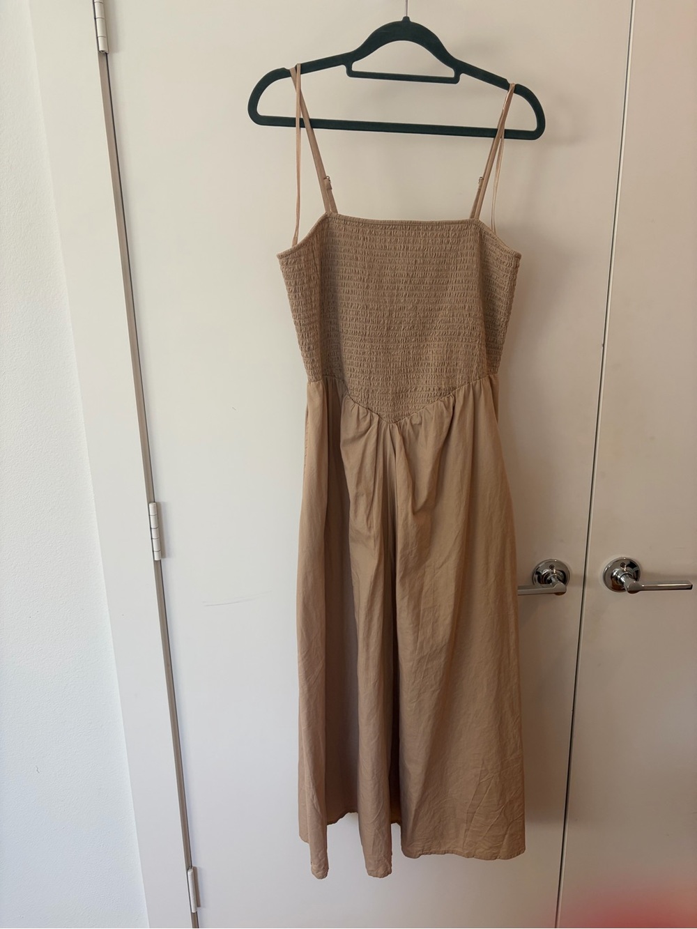 Smocked Bodice Spaghetti Strap Midi Dress in Beige